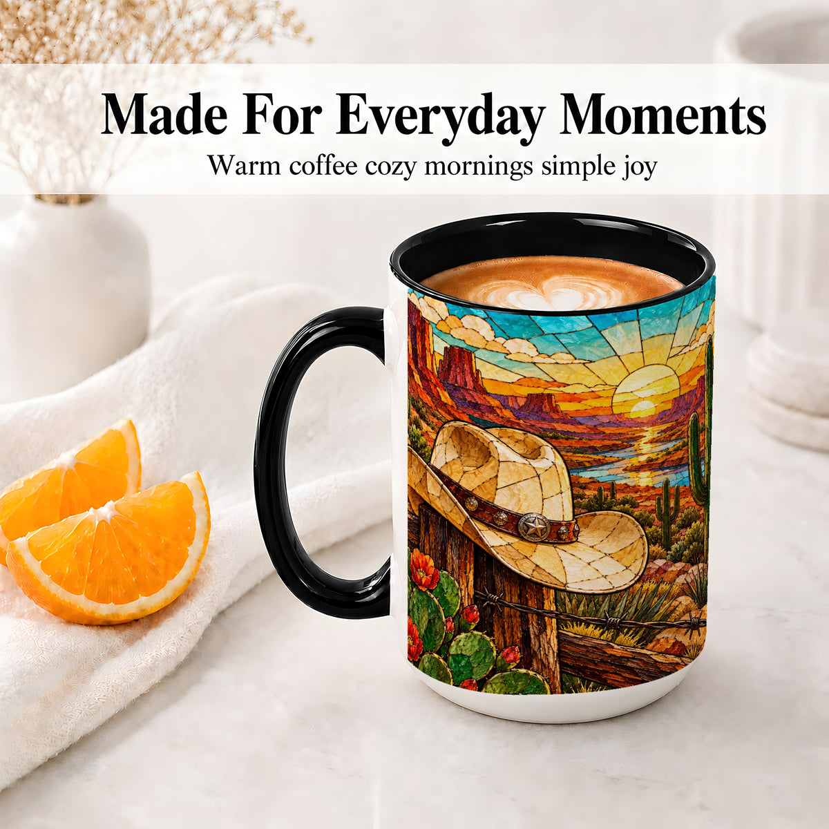 #pl[15oz|Black] Western Cowboy Hat Ceramic Mug, Desert Sunset Design for Ranch Fans