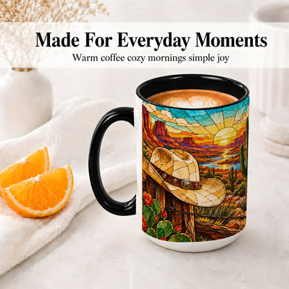 #pl[15oz|Black] Western Cowboy Hat Ceramic Mug, Desert Sunset Design for Ranch Fans