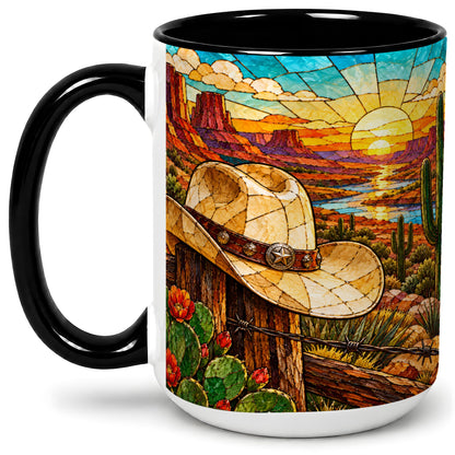 #pl[15oz|Black] Western Cowboy Hat Ceramic Mug, Desert Sunset Design for Ranch Fans