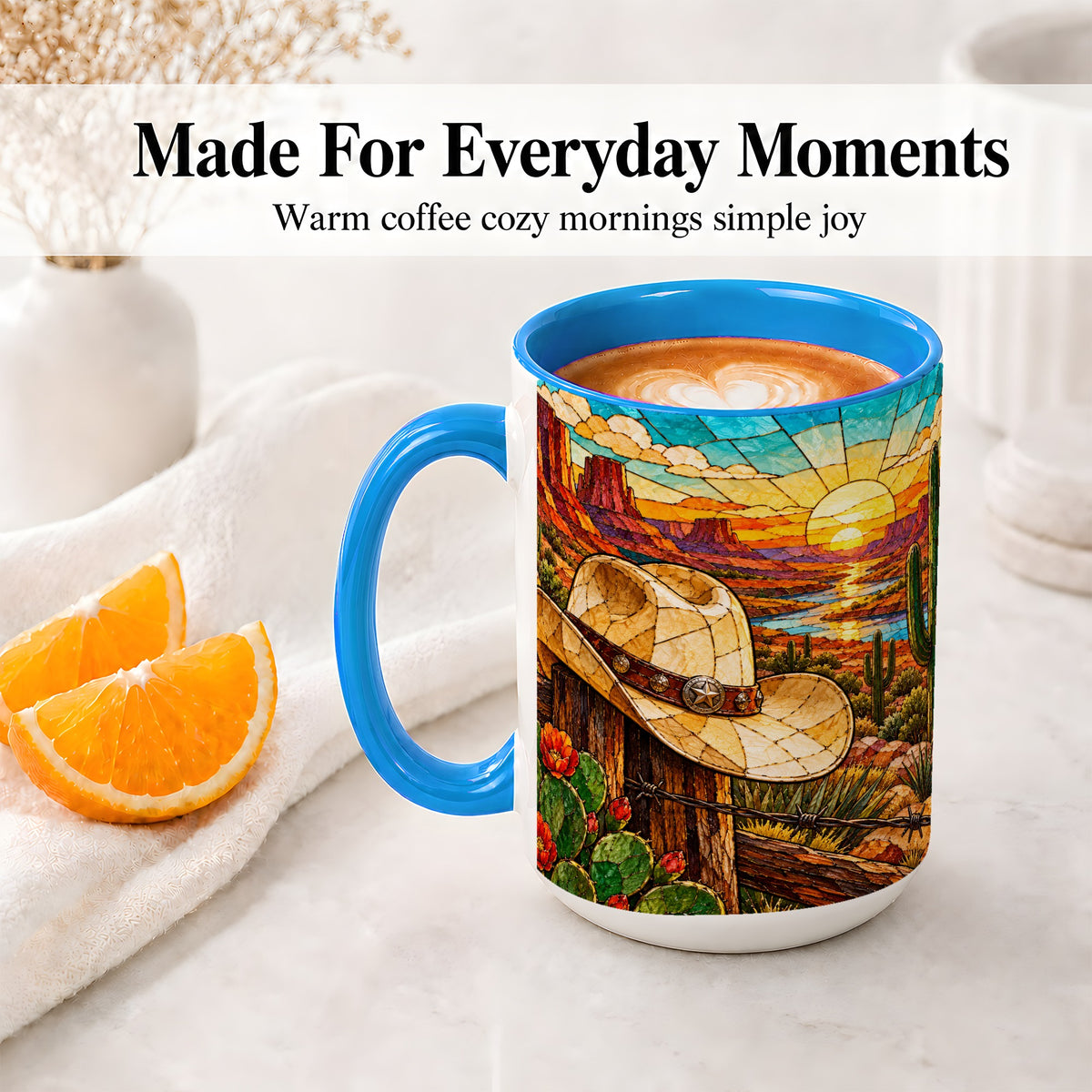 #pl[15oz|Blue] Western Cowboy Hat Ceramic Mug, Desert Sunset Design for Ranch Fans