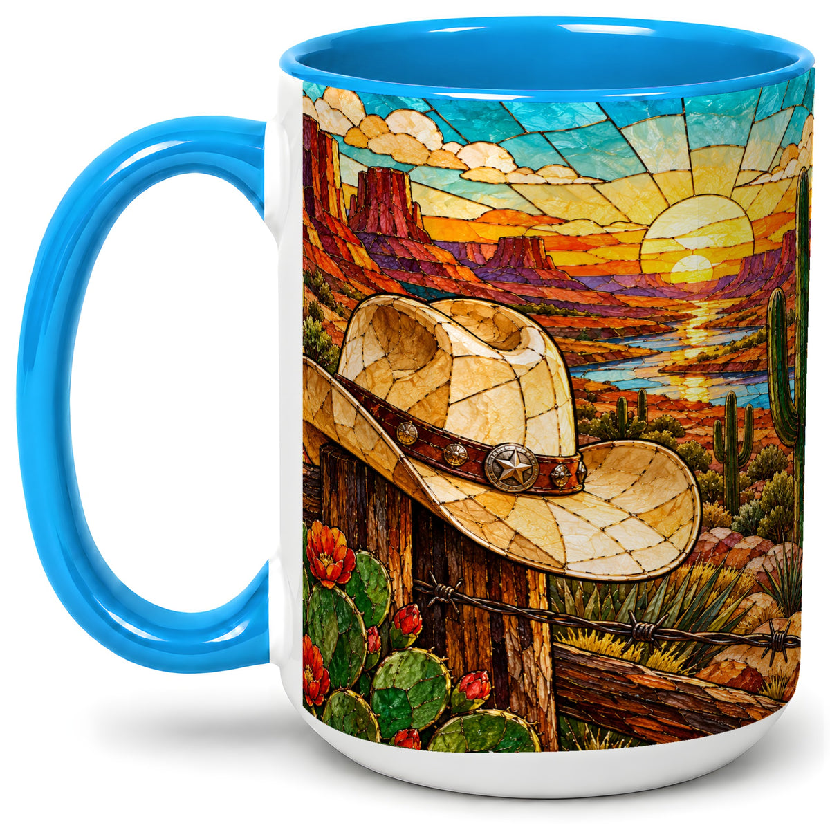 #pl[15oz|Blue] Western Cowboy Hat Ceramic Mug, Desert Sunset Design for Ranch Fans