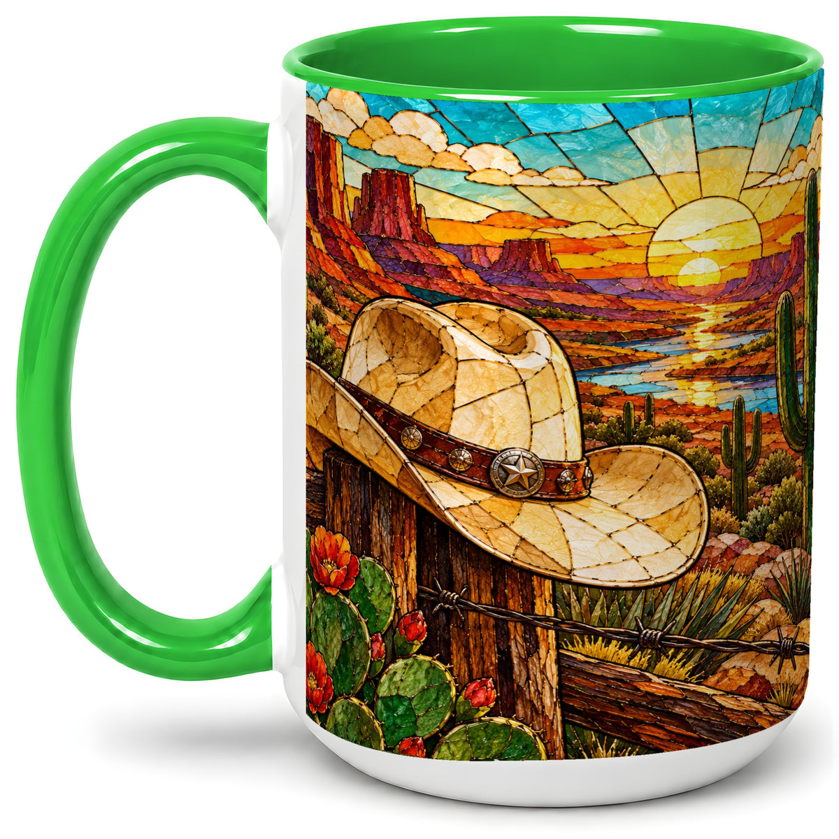#pl[15oz|Green] Western Cowboy Hat Ceramic Mug, Desert Sunset Design for Ranch Fans
