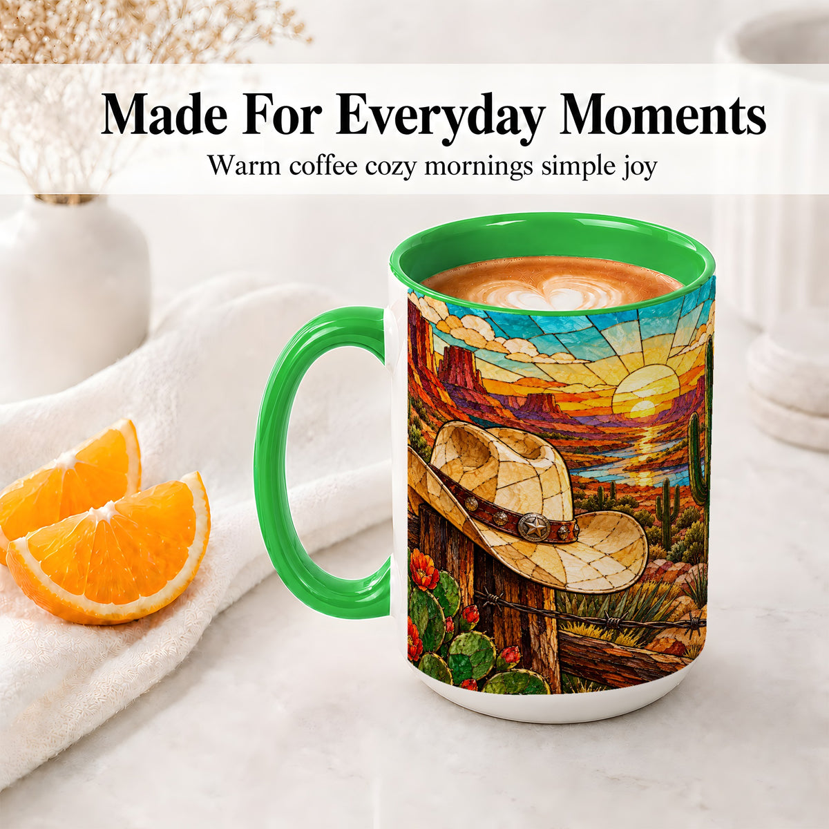 #pl[15oz|Green] Western Cowboy Hat Ceramic Mug, Desert Sunset Design for Ranch Fans