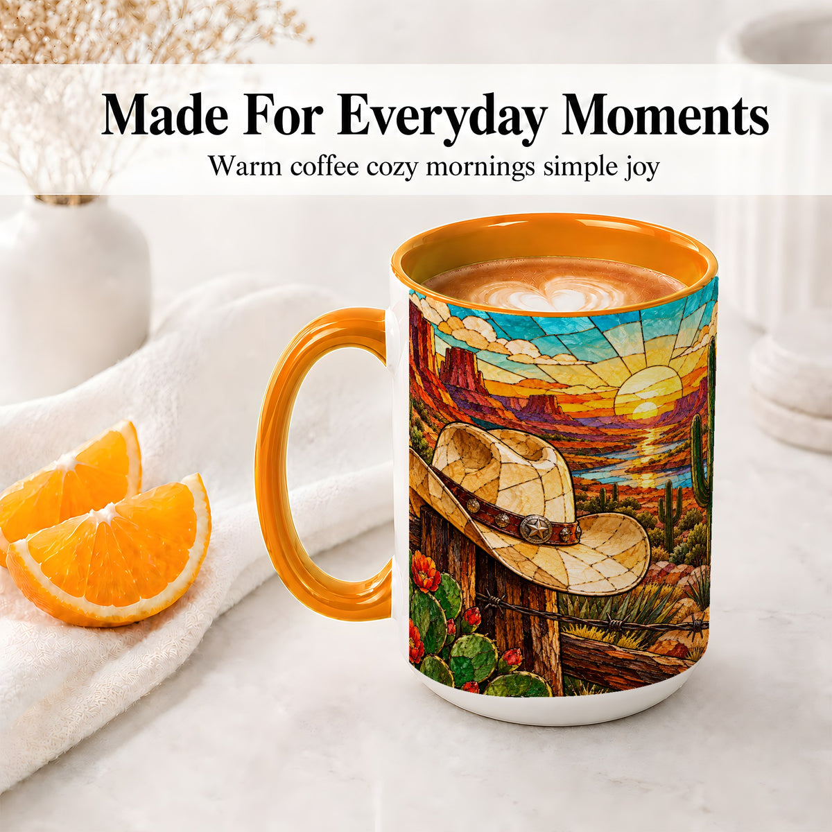 #pl[15oz|Orange] Western Cowboy Hat Ceramic Mug, Desert Sunset Design for Ranch Fans