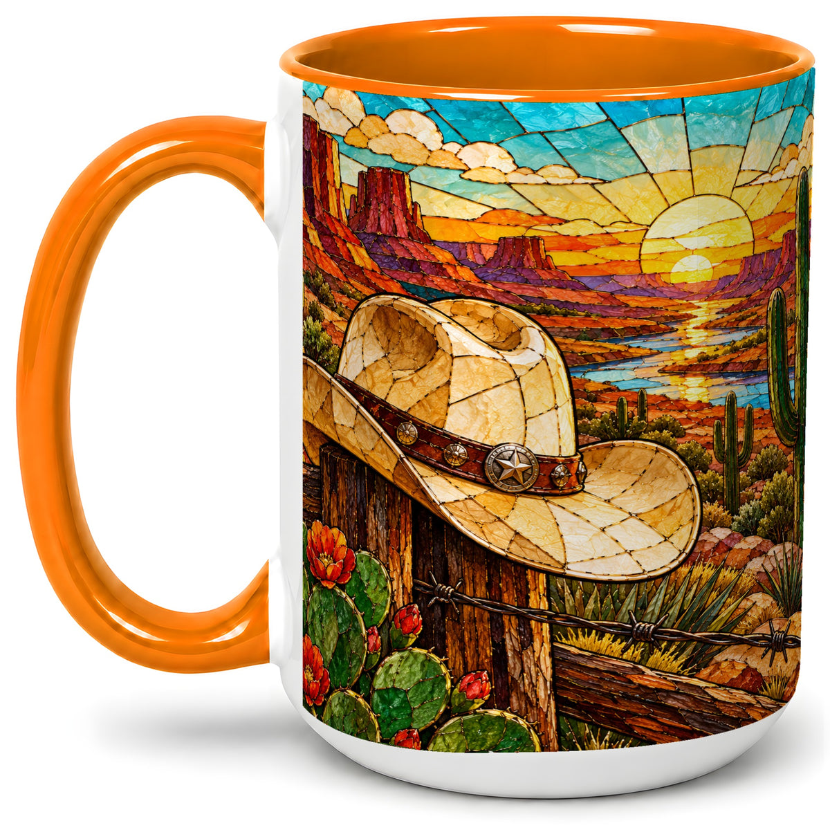 #pl[15oz|Orange] Western Cowboy Hat Ceramic Mug, Desert Sunset Design for Ranch Fans