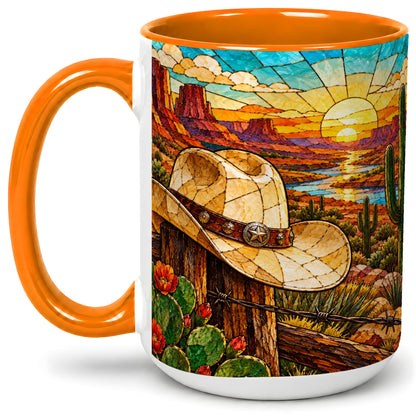 #pl[15oz|Orange] Western Cowboy Hat Ceramic Mug, Desert Sunset Design for Ranch Fans