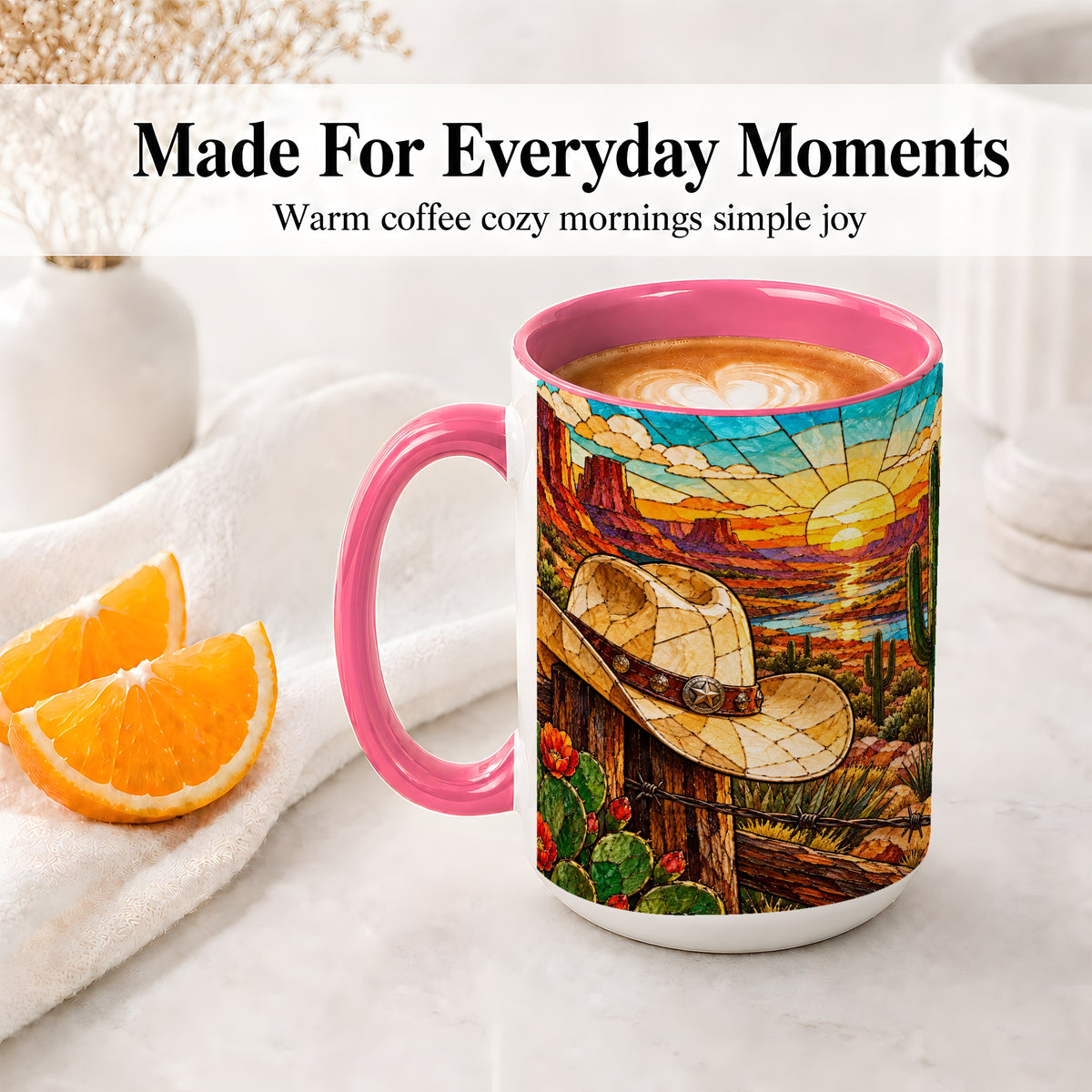 #pl[15oz|Pink] Western Cowboy Hat Ceramic Mug, Desert Sunset Design for Ranch Fans
