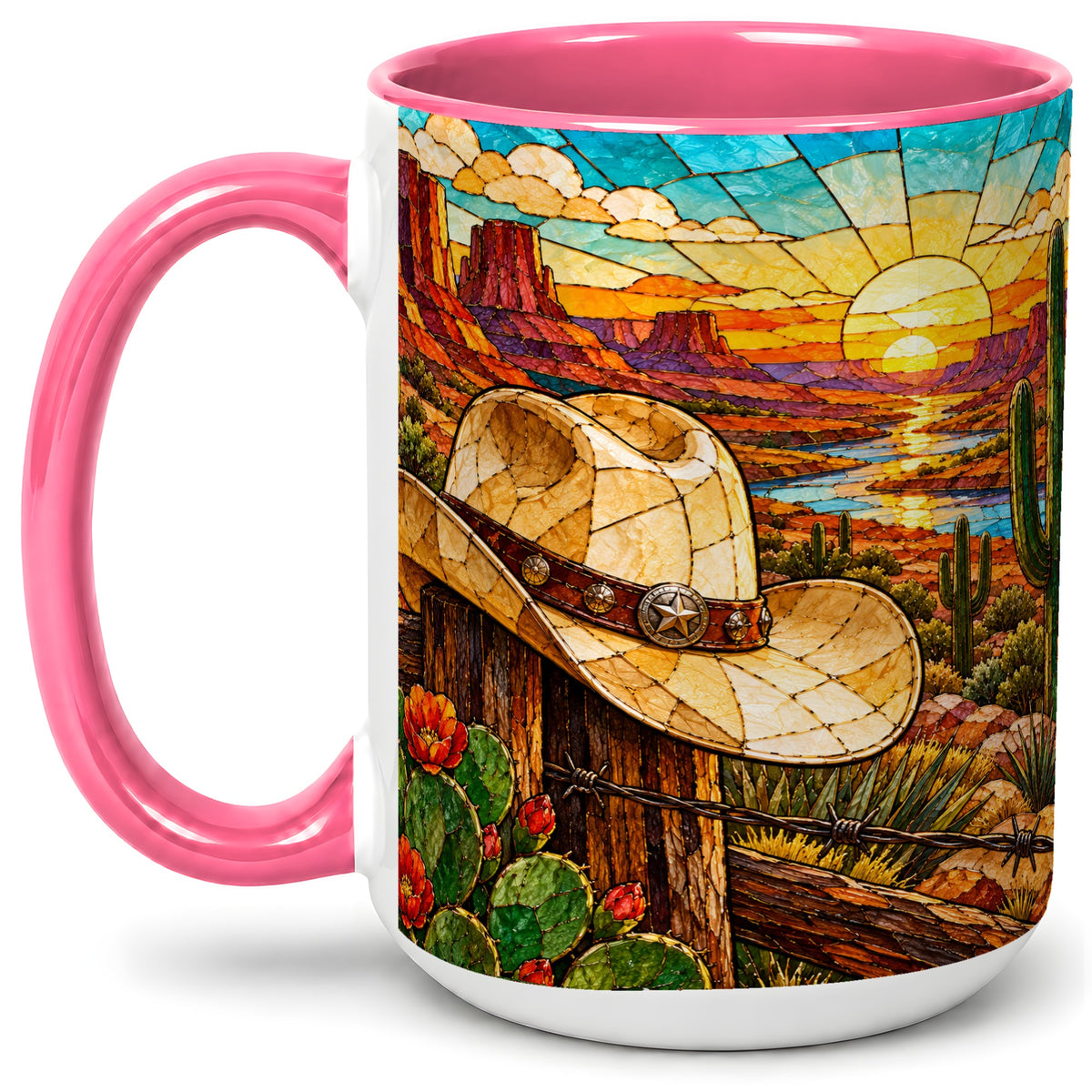 #pl[15oz|Pink] Western Cowboy Hat Ceramic Mug, Desert Sunset Design for Ranch Fans