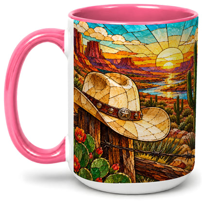 #pl[15oz|Pink] Western Cowboy Hat Ceramic Mug, Desert Sunset Design for Ranch Fans