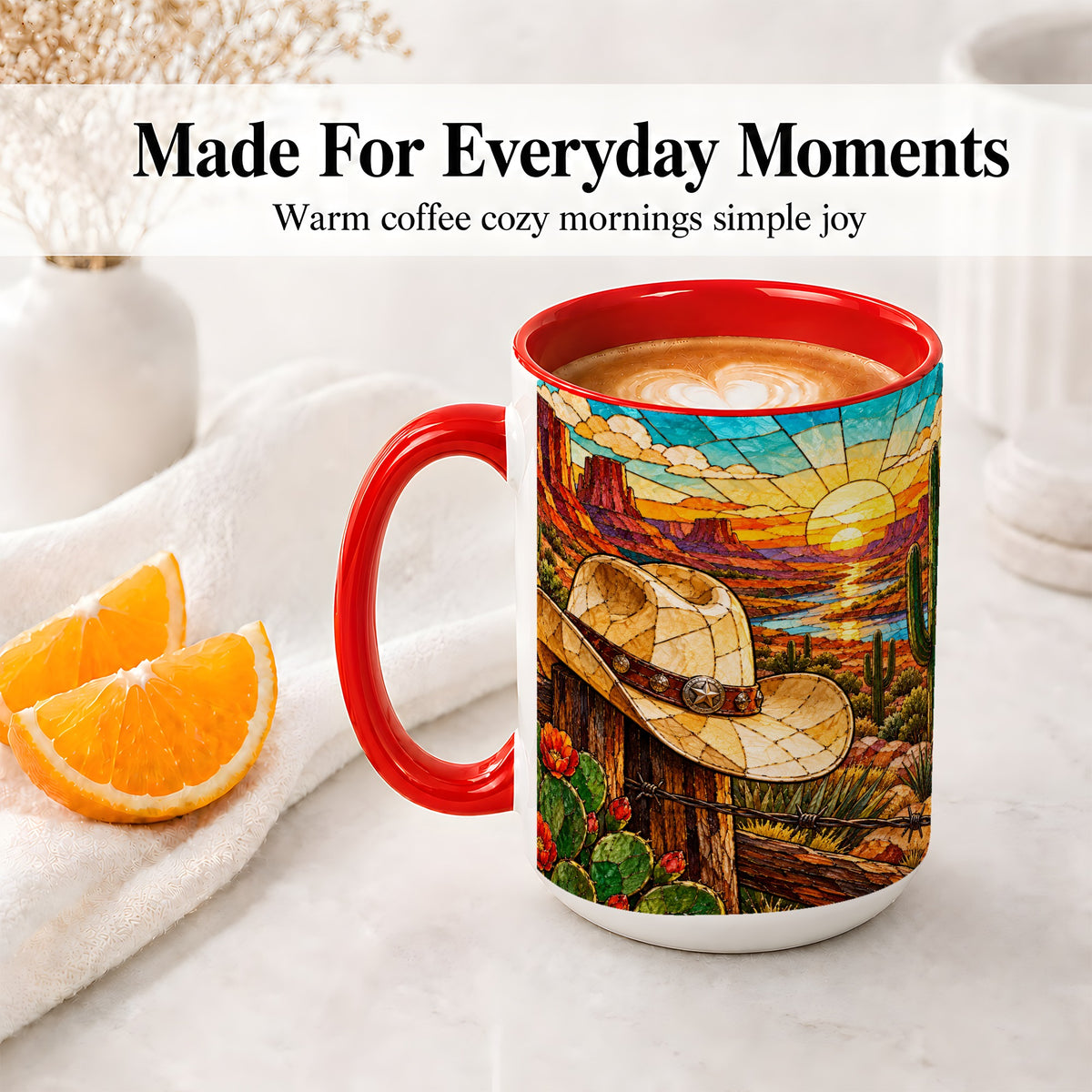 #pl[15oz|Red] Western Cowboy Hat Ceramic Mug, Desert Sunset Design for Ranch Fans