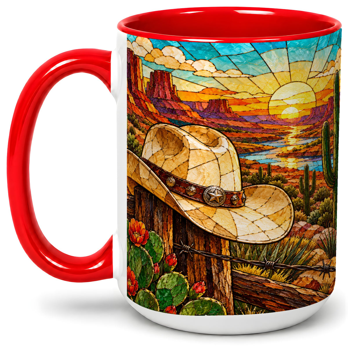 #pl[15oz|Red] Western Cowboy Hat Ceramic Mug, Desert Sunset Design for Ranch Fans