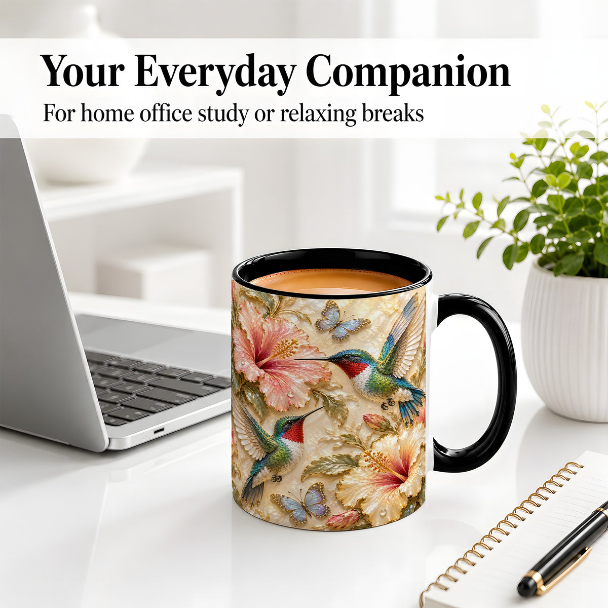 #pl[11oz|Black] Tropical Hummingbird Ceramic Mug, Hibiscus Design for Bird Lovers