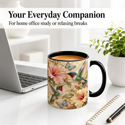 #pl[11oz|Black] Tropical Hummingbird Ceramic Mug, Hibiscus Design for Bird Lovers