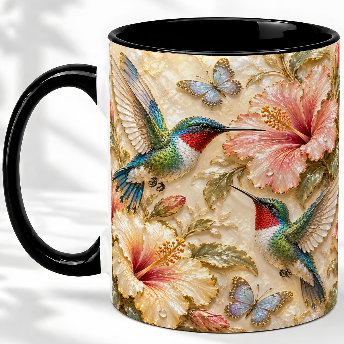 #pl[11oz|Black] Tropical Hummingbird Ceramic Mug, Hibiscus Design for Bird Lovers