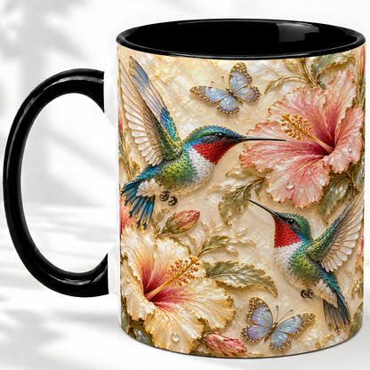 #pl[11oz|Black] Tropical Hummingbird Ceramic Mug, Hibiscus Design for Bird Lovers