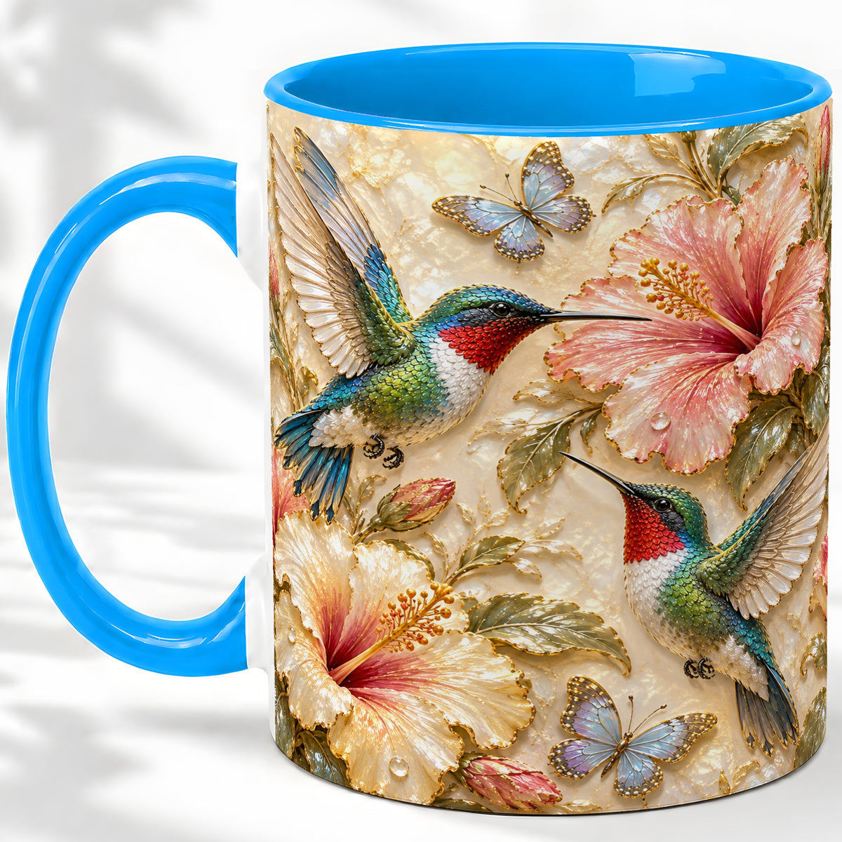 #pl[11oz|Blue] Tropical Hummingbird Ceramic Mug, Hibiscus Design for Bird Lovers