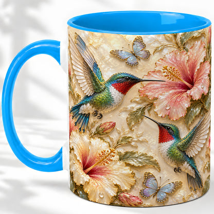 #pl[11oz|Blue] Tropical Hummingbird Ceramic Mug, Hibiscus Design for Bird Lovers