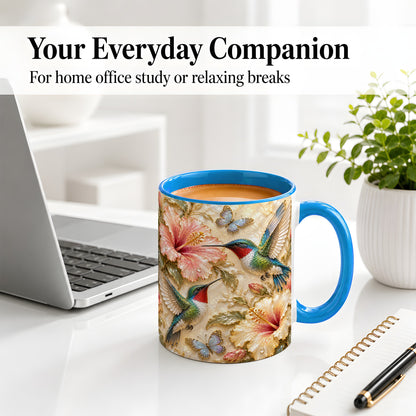 #pl[11oz|Blue] Tropical Hummingbird Ceramic Mug, Hibiscus Design for Bird Lovers