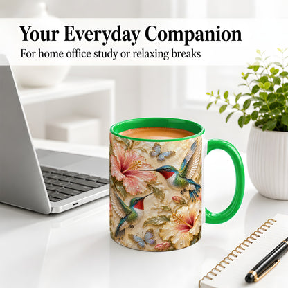 #pl[11oz|Green] Tropical Hummingbird Ceramic Mug, Hibiscus Design for Bird Lovers