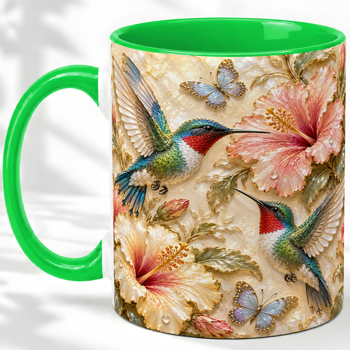 #pl[11oz|Green] Tropical Hummingbird Ceramic Mug, Hibiscus Design for Bird Lovers