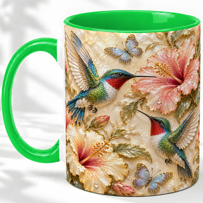 #pl[11oz|Green] Tropical Hummingbird Ceramic Mug, Hibiscus Design for Bird Lovers