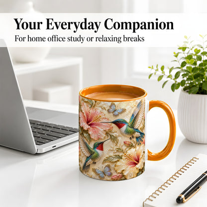 #pl[11oz|Orange] Tropical Hummingbird Ceramic Mug, Hibiscus Design for Bird Lovers