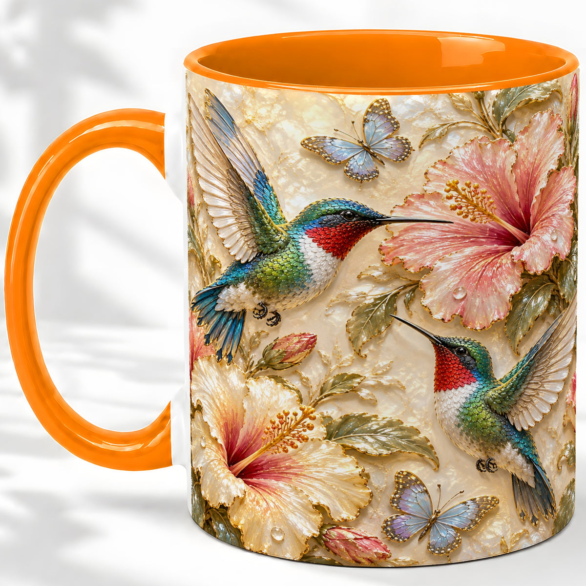 #pl[11oz|Orange] Tropical Hummingbird Ceramic Mug, Hibiscus Design for Bird Lovers