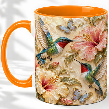 #pl[11oz|Orange] Tropical Hummingbird Ceramic Mug, Hibiscus Design for Bird Lovers