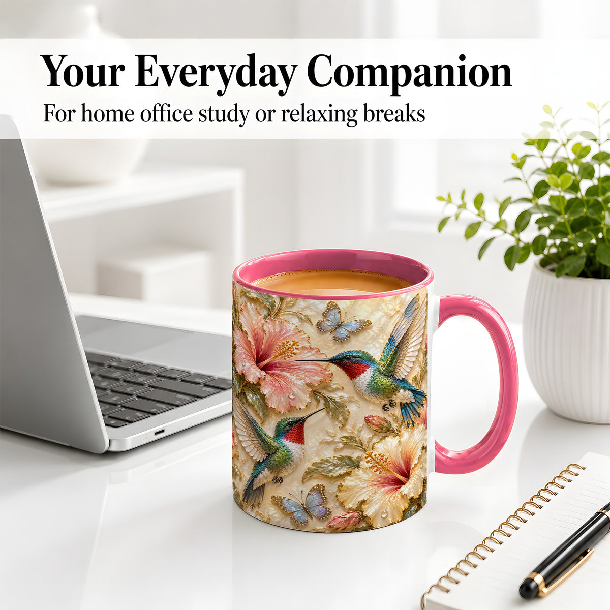 #pl[11oz|Pink] Tropical Hummingbird Ceramic Mug, Hibiscus Design for Bird Lovers