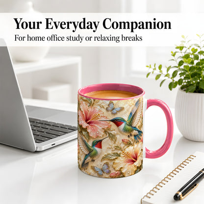 #pl[11oz|Pink] Tropical Hummingbird Ceramic Mug, Hibiscus Design for Bird Lovers