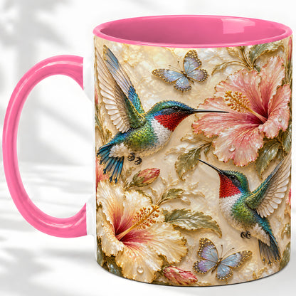 #pl[11oz|Pink] Tropical Hummingbird Ceramic Mug, Hibiscus Design for Bird Lovers