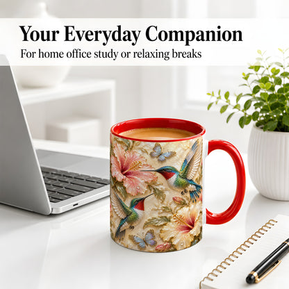 #pl[11oz|Red] Tropical Hummingbird Ceramic Mug, Hibiscus Design for Bird Lovers