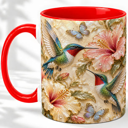 Tropical Hummingbird Ceramic Mug, Hibiscus Design for Bird Lovers