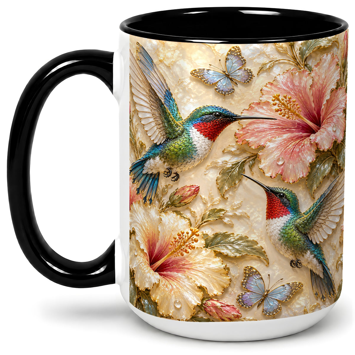 #pl[15oz|Black] Tropical Hummingbird Ceramic Mug, Hibiscus Design for Bird Lovers