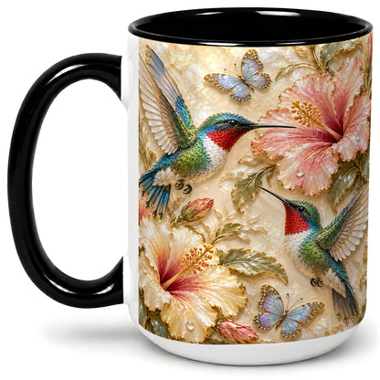#pl[15oz|Black] Tropical Hummingbird Ceramic Mug, Hibiscus Design for Bird Lovers