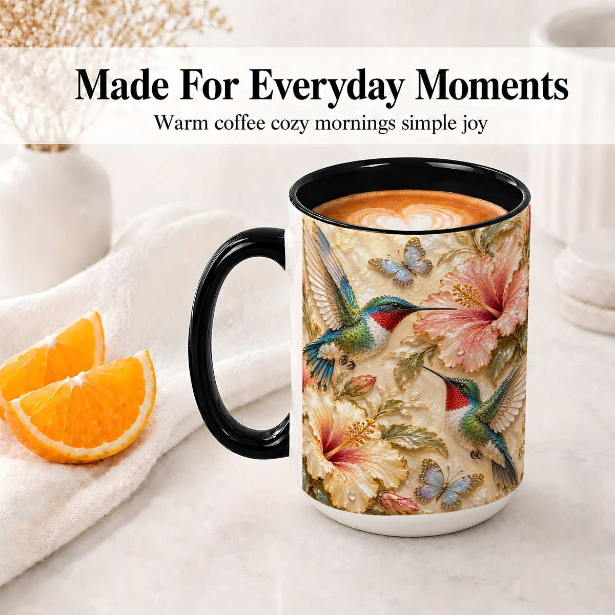 #pl[15oz|Black] Tropical Hummingbird Ceramic Mug, Hibiscus Design for Bird Lovers