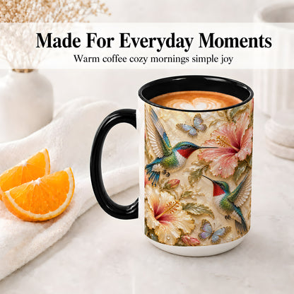 #pl[15oz|Black] Tropical Hummingbird Ceramic Mug, Hibiscus Design for Bird Lovers