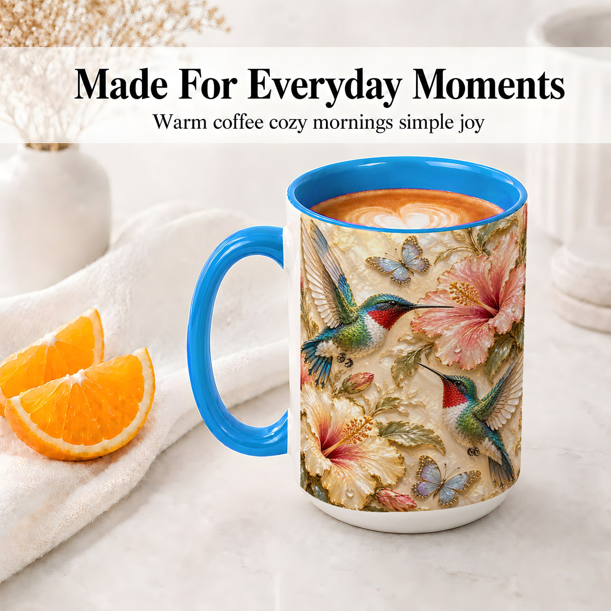 #pl[15oz|Blue] Tropical Hummingbird Ceramic Mug, Hibiscus Design for Bird Lovers