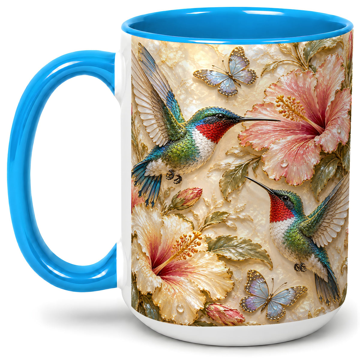 #pl[15oz|Blue] Tropical Hummingbird Ceramic Mug, Hibiscus Design for Bird Lovers