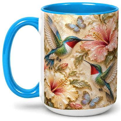 #pl[15oz|Blue] Tropical Hummingbird Ceramic Mug, Hibiscus Design for Bird Lovers