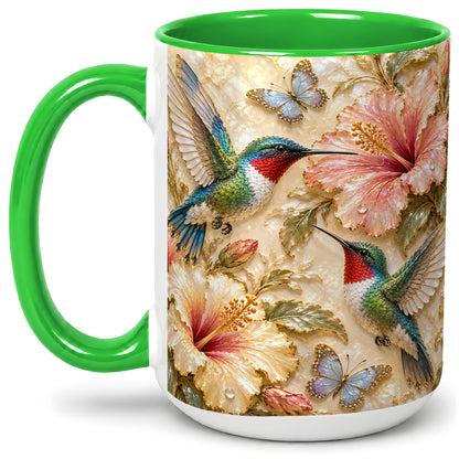 #pl[15oz|Green] Tropical Hummingbird Ceramic Mug, Hibiscus Design for Bird Lovers