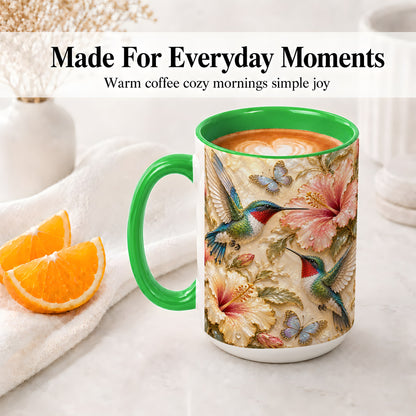 #pl[15oz|Green] Tropical Hummingbird Ceramic Mug, Hibiscus Design for Bird Lovers