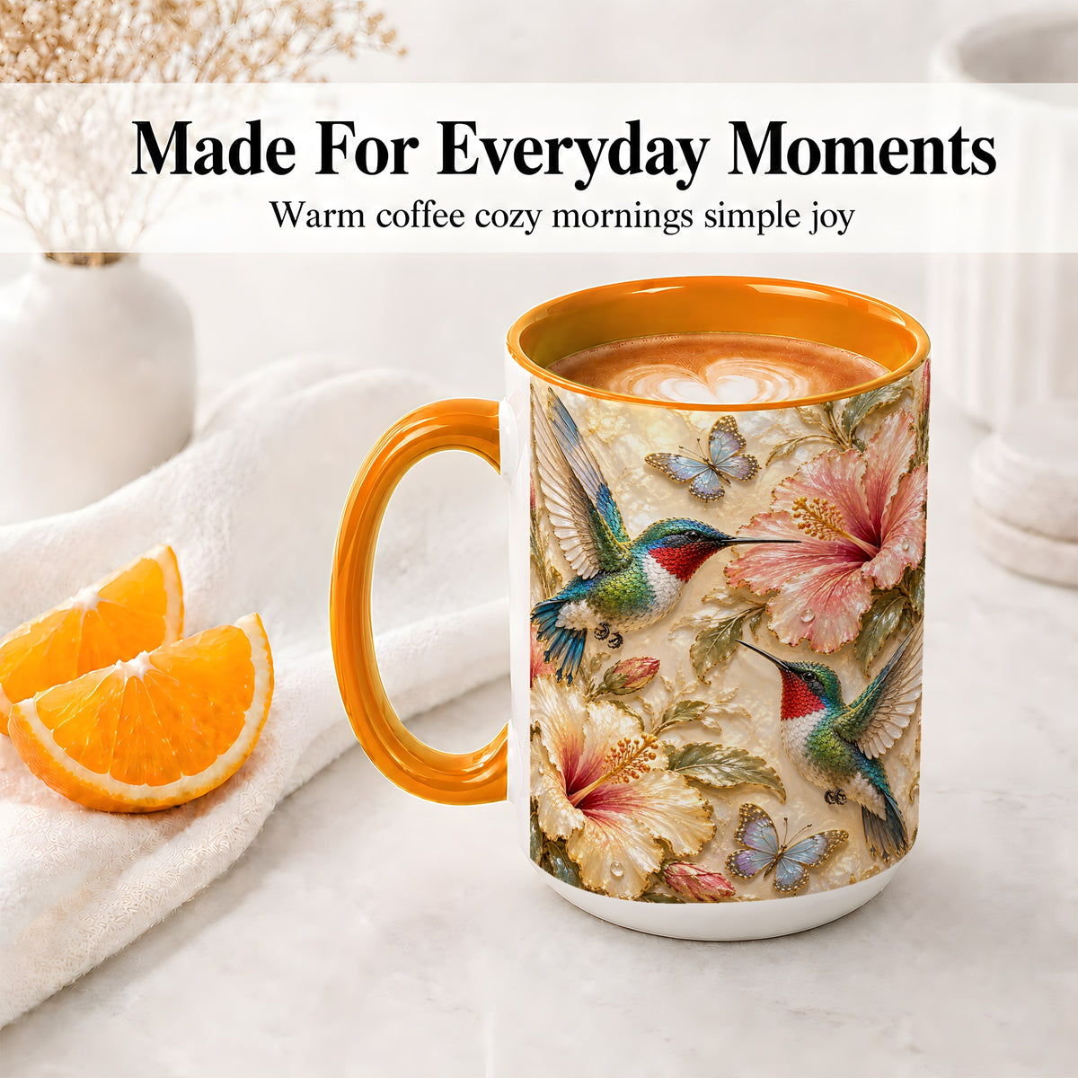 #pl[15oz|Orange] Tropical Hummingbird Ceramic Mug, Hibiscus Design for Bird Lovers
