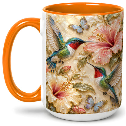 #pl[15oz|Orange] Tropical Hummingbird Ceramic Mug, Hibiscus Design for Bird Lovers