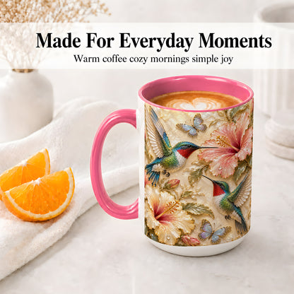 #pl[15oz|Pink] Tropical Hummingbird Ceramic Mug, Hibiscus Design for Bird Lovers