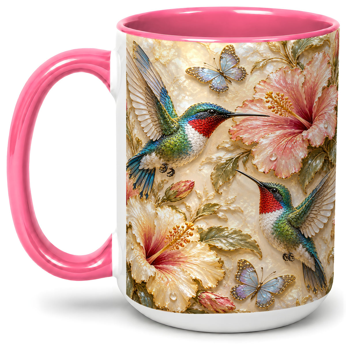 #pl[15oz|Pink] Tropical Hummingbird Ceramic Mug, Hibiscus Design for Bird Lovers
