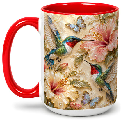 #pl[15oz|Red] Tropical Hummingbird Ceramic Mug, Hibiscus Design for Bird Lovers
