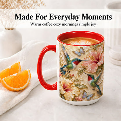 #pl[15oz|Red] Tropical Hummingbird Ceramic Mug, Hibiscus Design for Bird Lovers