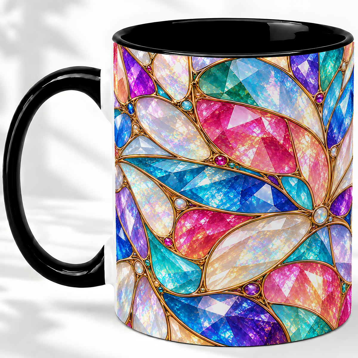 #pl[11oz|Black] Colorful Geometric Mosaic Ceramic Mug, Faceted Abstract Design