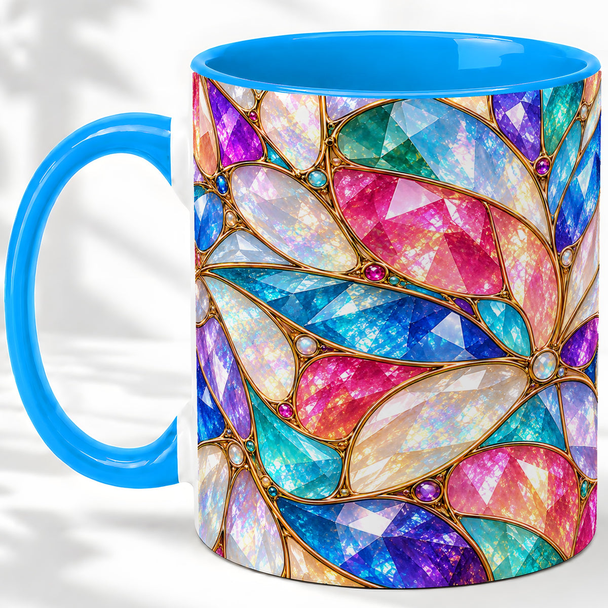 #pl[11oz|Blue] Colorful Geometric Mosaic Ceramic Mug, Faceted Abstract Design